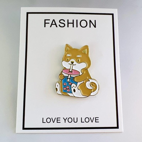Corgi Pin Drinking Boba Corgi Enamel Pin - Picture 2 of 5